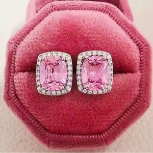 Cushion Cut Pink Sapphire & Rhinestone Earrings